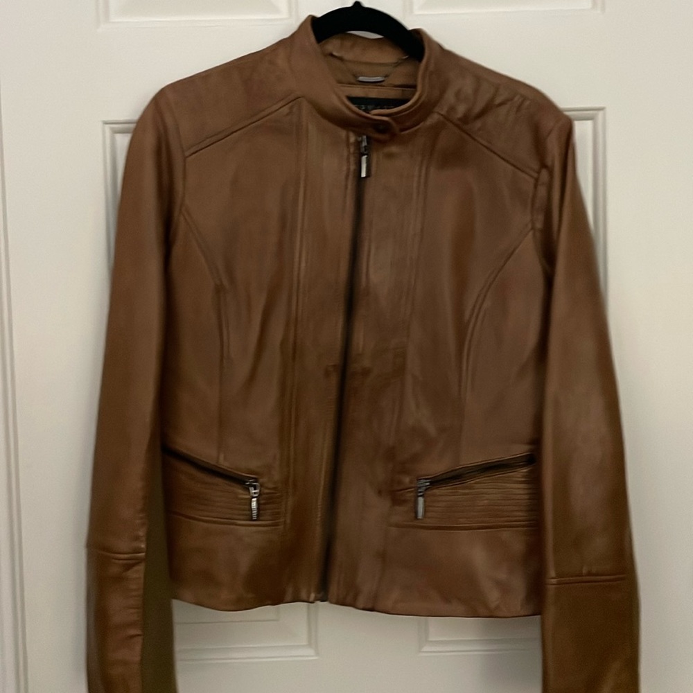 Bernardo Cognacs Color Genuine Leather Jacket with fabric inner sleeve